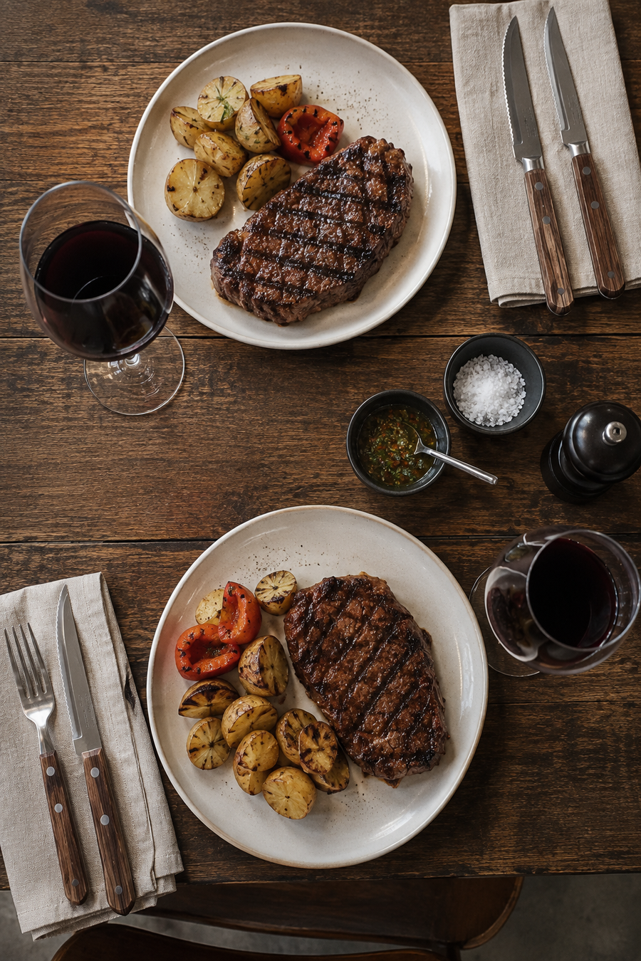 Jantar a dois com bife e vinho argentino